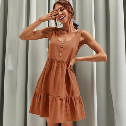 Women's Casual T-Shirt Dresses Sleeveless V Neck Button Down A Line Swing Short Dress