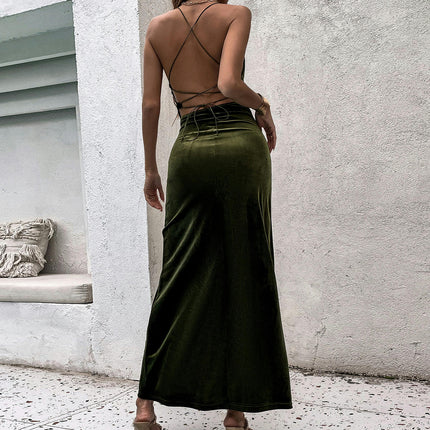 Women Velvet Backless Bodycon Sleeveless Maxi Dress Spaghetti Strap Split Party Cocktail Long Dress