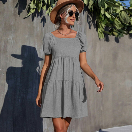 Women's Summer Square Neck Puff Short Sleeve Tiered Ruffled A Line Short Mini Dress