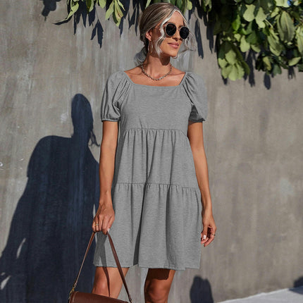 Women's Summer Square Neck Puff Short Sleeve Tiered Ruffled A Line Short Mini Dress