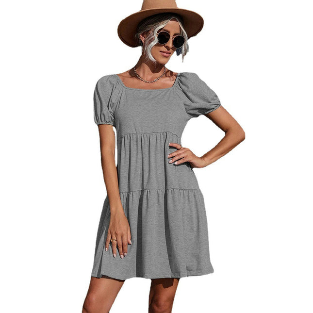 Women's Summer Square Neck Puff Short Sleeve Tiered Ruffled A Line Short Mini Dress