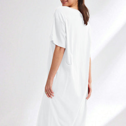 Womens Summer T Shirt Dress Casual Half Sleeve V Neck Loose Slit Midi Dresses