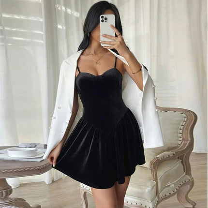 Women's Velvet Spaghetti Straps Sexy Sleeveless Club Party A Line Swing Mini Dress