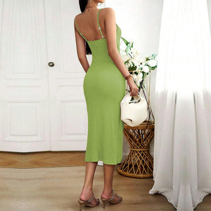 Women's Sexy Sleeveless Backless Spaghetti Strap Twist Front Ruched Bodycon Midi Club Dress