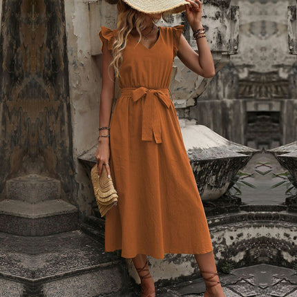 Women's Ruffle Cap Sleeve Dress V Neck Tie Waist  A Line Flowy Summer Midi Dresses