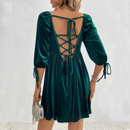 Women's Tie Back Square Neck Velvet Dresses Short Sleeve Cocktail Party Mini Dress