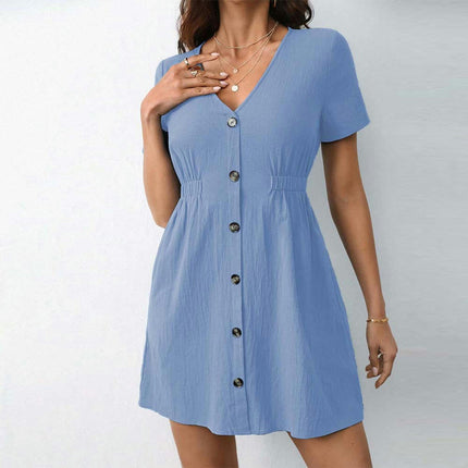 Women's V Neck Short Sleeves Slim Fit Dress Button Down A Line Mini Dresses