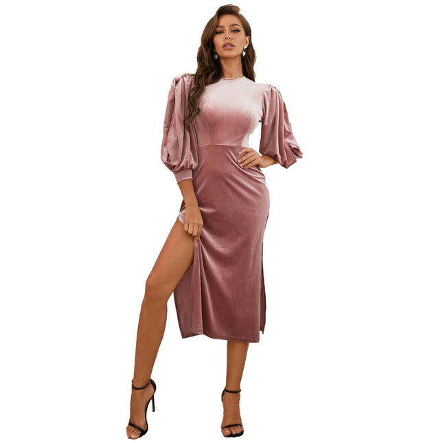 Women's Summer Puff Sleeve Velvet Midi Dresses Crew Neck Bodycon Split Dress