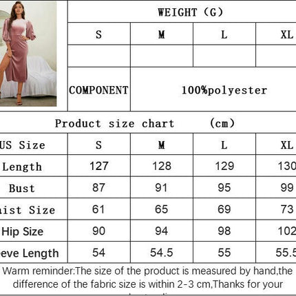 Women's Summer Puff Sleeve Velvet Midi Dresses Crew Neck Bodycon Split Dress