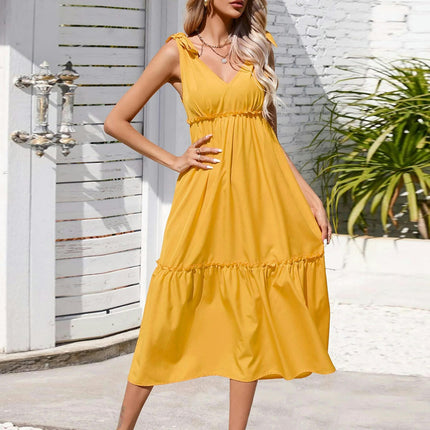 Women's Summer Dresses Casual Tiered Ruffled Flowy Bow Strap V Neck Sleeveless Midi Dress