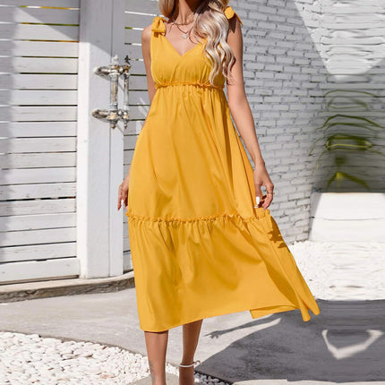 Women's Summer Dresses Casual Tiered Ruffled Flowy Bow Strap V Neck Sleeveless Midi Dress