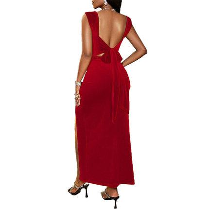 Women's Sleeveless Square Neck Bodycon Ruched Split Midi Velvet Dress Party Cocktail Club Dressess