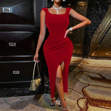 Women's Sleeveless Square Neck Bodycon Ruched Split Midi Velvet Dress Party Cocktail Club Dressess