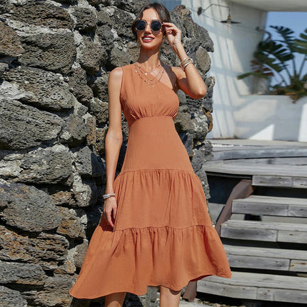 Women's Summer One Shoulder Sleeveless Ruffled Tiered Boho Beach A-Line Midi Dress