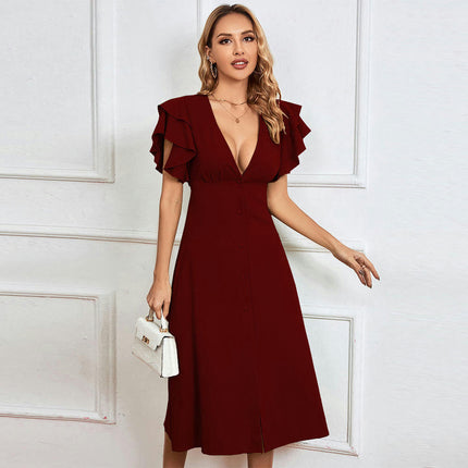 Women's Deep V Neck Ruffle Sleeve Summer Dress Button Down Flowy A Line Midi Dresses