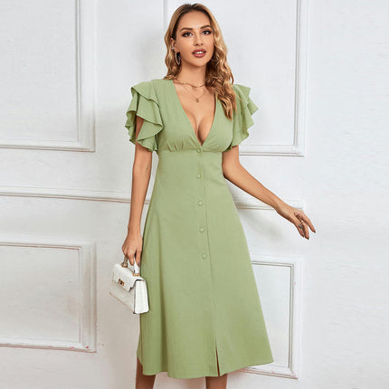 Women's Deep V Neck Ruffle Sleeve Summer Dress Button Down Flowy A Line Midi Dresses