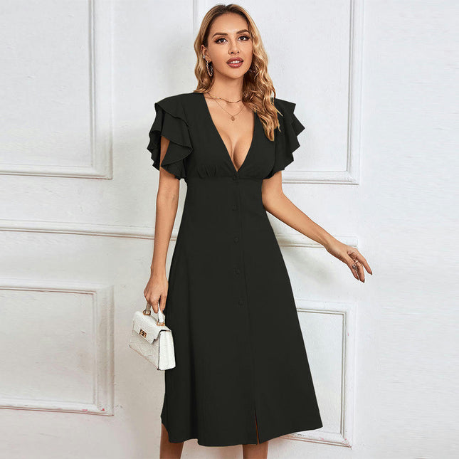 Women's Deep V Neck Ruffle Sleeve Summer Dress Button Down Flowy A Line Midi Dresses