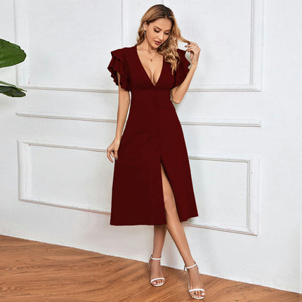 Women's Deep V Neck Ruffle Sleeve Summer Dress Button Down Flowy A Line Midi Dresses