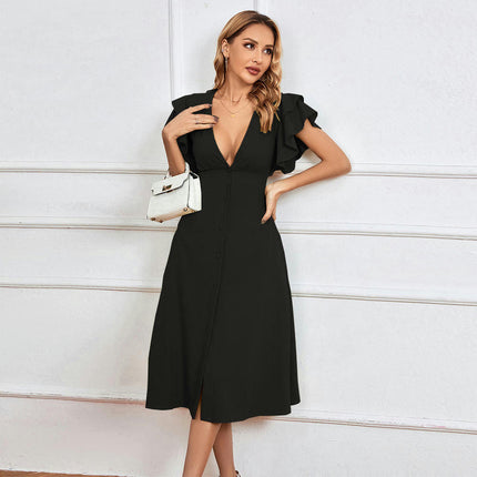 Women's Deep V Neck Ruffle Sleeve Summer Dress Button Down Flowy A Line Midi Dresses