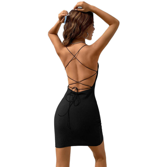 Women's Sexy Sleeveless Spaghetti Strap Backless Lace Up Bodycon Mini Club Dress