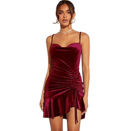 Women's Spaghetti Strap Drawstring Ruched Velvet Mini Dress Bodycon Cocktail Party Dresses