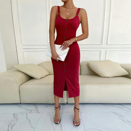 Women's Sleeveless Midi Dress Scoop Neck Button Down Slit Bodycon Dress