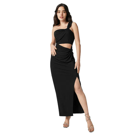 Women's Summer One Shoulder Midi Dress Cut Out Ruched Split Bodycon Dress