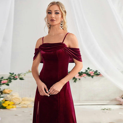 Women's Spaghetti Strap Velvet Maxi Dress Backless Split Velvet Cocktail Party Dress