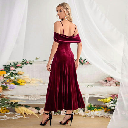 Women's Spaghetti Strap Velvet Maxi Dress Backless Split Velvet Cocktail Party Dress