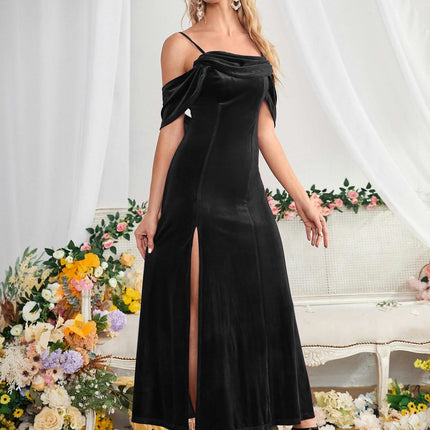 Women's Spaghetti Strap Velvet Maxi Dress Backless Split Velvet Cocktail Party Dress