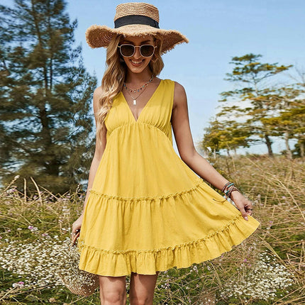 Women's Casual Summer Short Dress Sexy V Neck Sleeveless Flowy Tiered Ruffle Mini Dresses