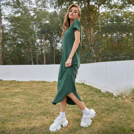 Women Casual Midi Dress Short Sleeve Crew Neck Loose Summer T Shirt Dresses