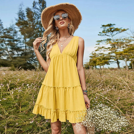 Women's Casual Summer Short Dress Sexy V Neck Sleeveless Flowy Tiered Ruffle Mini Dresses