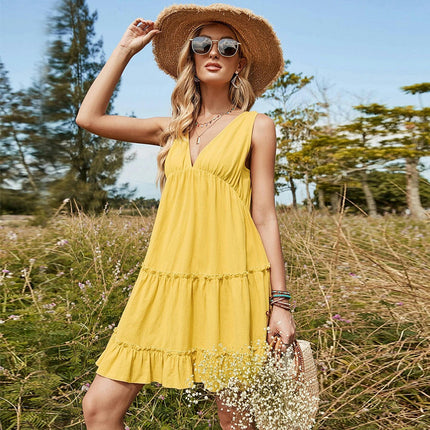 Women's Casual Summer Short Dress Sexy V Neck Sleeveless Flowy Tiered Ruffle Mini Dresses