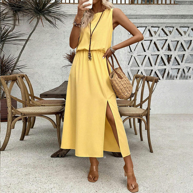 Womens Summer Crew Neck Dresses Sleeveless Elastic Waist Casual Split Maxi Dress