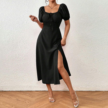 Women's Summer Dresses Short Sleeve Square Neck Split A-Line Flowy Midi Dress