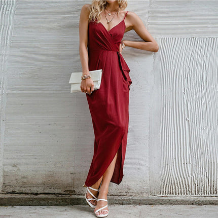 Women's Elegant Spaghetti Strap V Neck Sleeveless Ruched Split Party Midi Dress