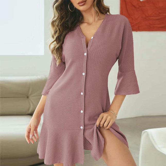 Women's Summer Slim Fit 3/4 Sleeve Dress V Neck Casual Button Down Ruffled Mini Dresses