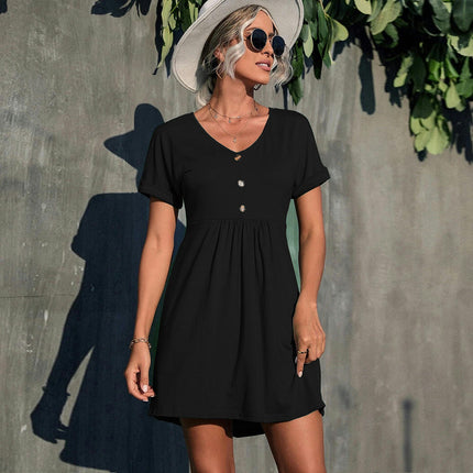 Women's Summer Short Sleeve Dress Button V Neck Casual A Line Swing Mini Dresses