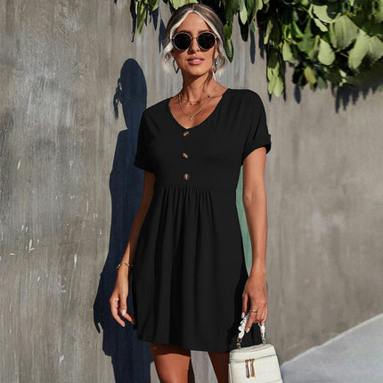 Women's Summer Short Sleeve Dress Button V Neck Casual A Line Swing Mini Dresses