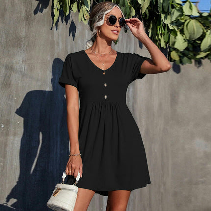 Women's Summer Short Sleeve Dress Button V Neck Casual A Line Swing Mini Dresses