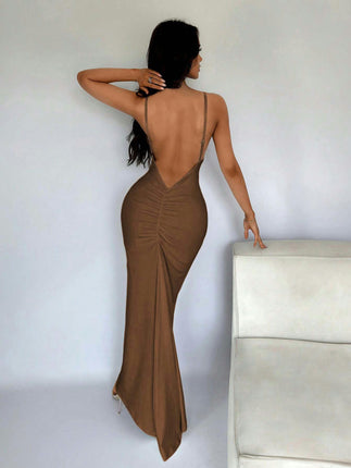 Women Sexy Backless Maxi Dress Bodycon Sleeveless Deep V Neck Party Cocktail Long Dress