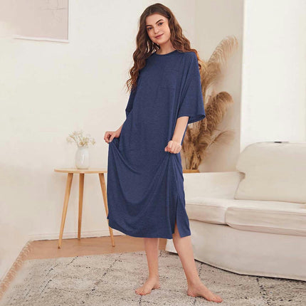 Women's Summer Casual Loose T Shirt Dress Crew Neck Short Sleeve Slit Midi Dress