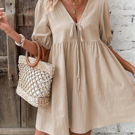 Womens Summer Dresses Tie V Neck Short Sleeve Flowy Swing A-Line Mini Dress