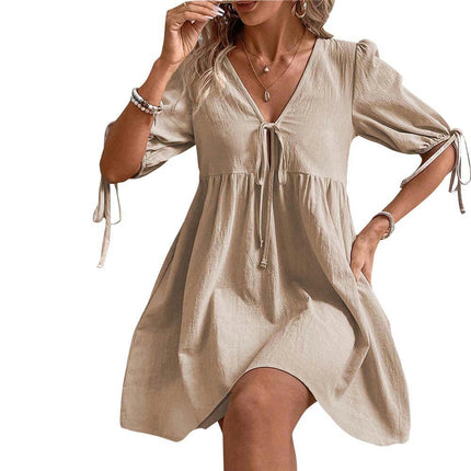 Womens Summer Dresses Tie V Neck Short Sleeve Flowy Swing A-Line Mini Dress