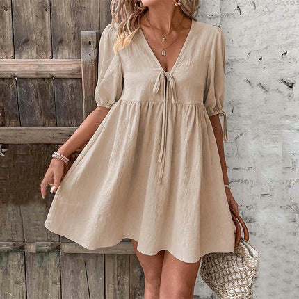 Womens Summer Dresses Tie V Neck Short Sleeve Flowy Swing A-Line Mini Dress