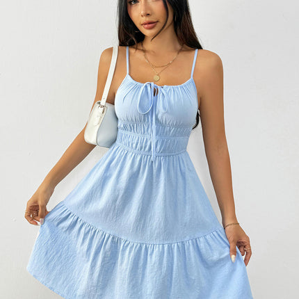 Women's Summer Spaghetti Strap Sleeveless Dresses High Waist Ruffle Flowy Mini Dress