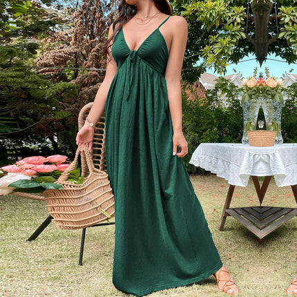 Women Spaghetti Strap Deep V Neck Maxi Dresses Tie Back Backless Split A Line Flowy Dress