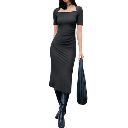 Women's Summer Short Sleeve Dress Casual Square Neck Bodycon Split Midi Dresses