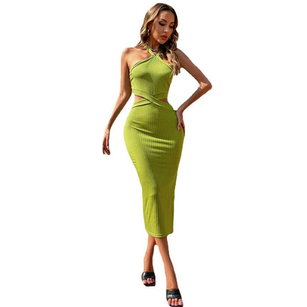 Women's Halter Neck Midi Dresses Sexy Backless Cut Out Split Bodycon Summer Dresses